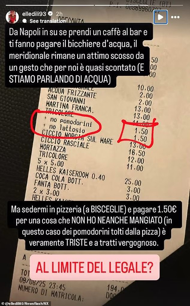 The swimmer had been dining out at a pizzeria in Bisceglie, an Italian town located in the popular tourist destination, Puglia, when she discovered an additional charge on her bill that left her seething