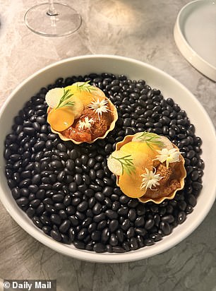 The amaebi with mango, confetti coriander and prawn powder