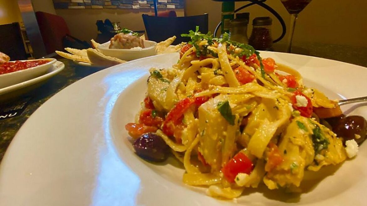 Piesanos Giant Meatball, Mediterranean Pasta Piesanos Giant Meatball, Mediterranean Pasta