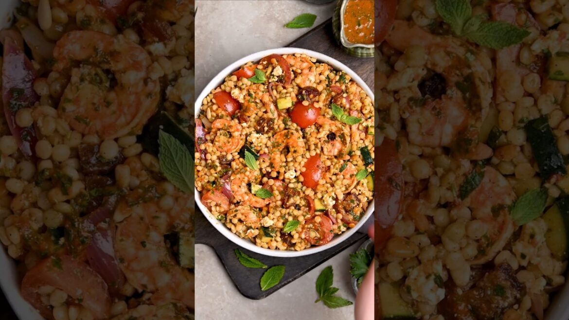 Mediterranean shrimp pasta salad. recipe link in description. #pastasalad