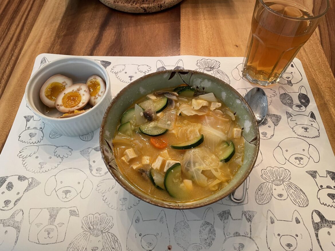 big miso soup and soy marinated eggs