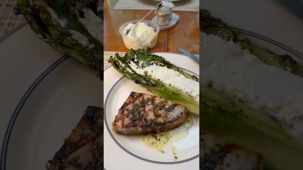 Grilled swordfish with grilled Romain lettuce heads ￼