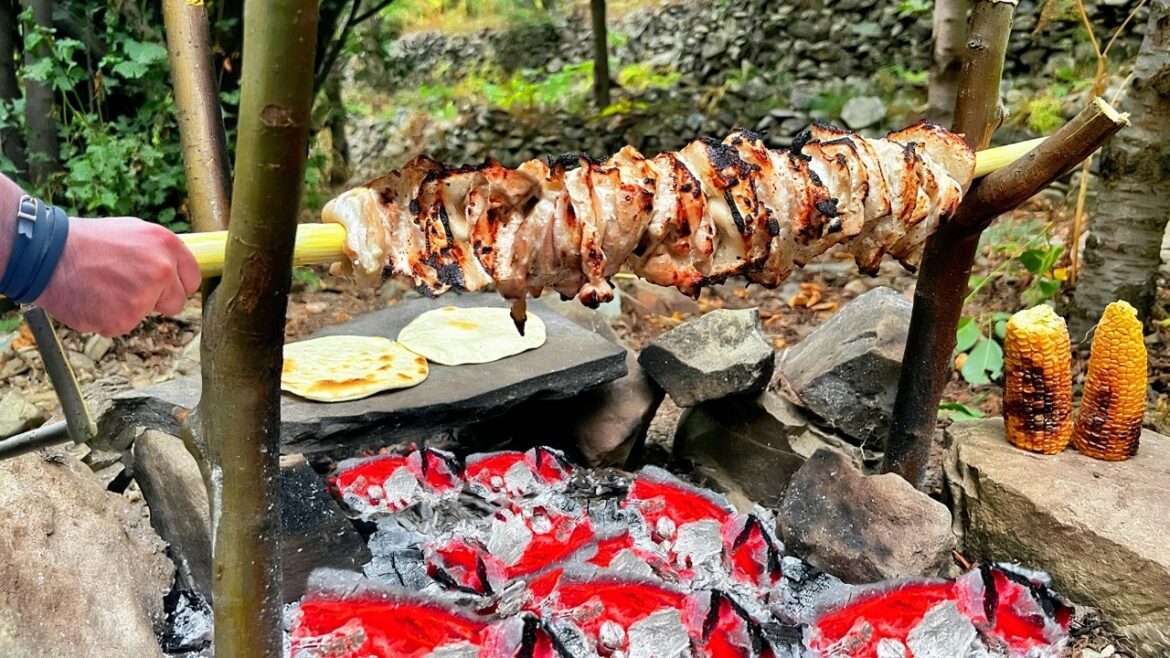 Cooking Chicken Gyros Over Open Fire in the Deep Forest | ASMR COOKING