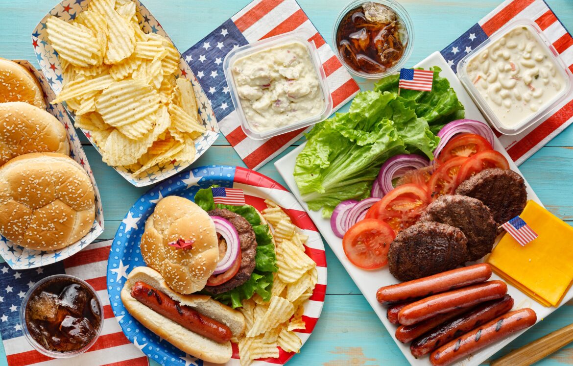 Table spread with American foods.