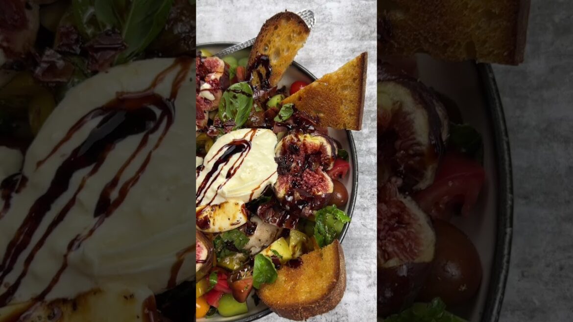 Tomato, Basil and Burrata Salad with Fresh Figs, Crispy Prosciutto and Balsamic Glaze.