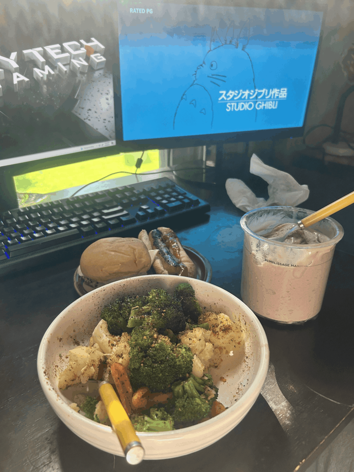 540 Calories, 81g Protein.  Burger, Hot Dog, entire pint of ice cream, big bowl of veggies