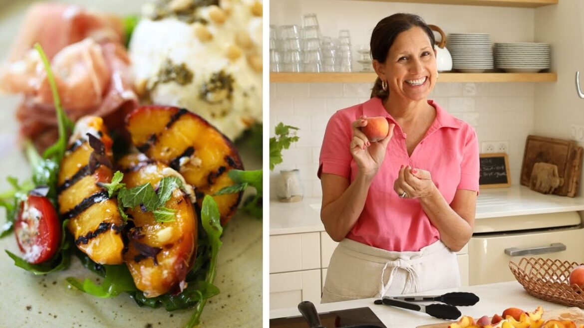 Grilled Peach Salad with Burrata, Pesto and Prosciutto