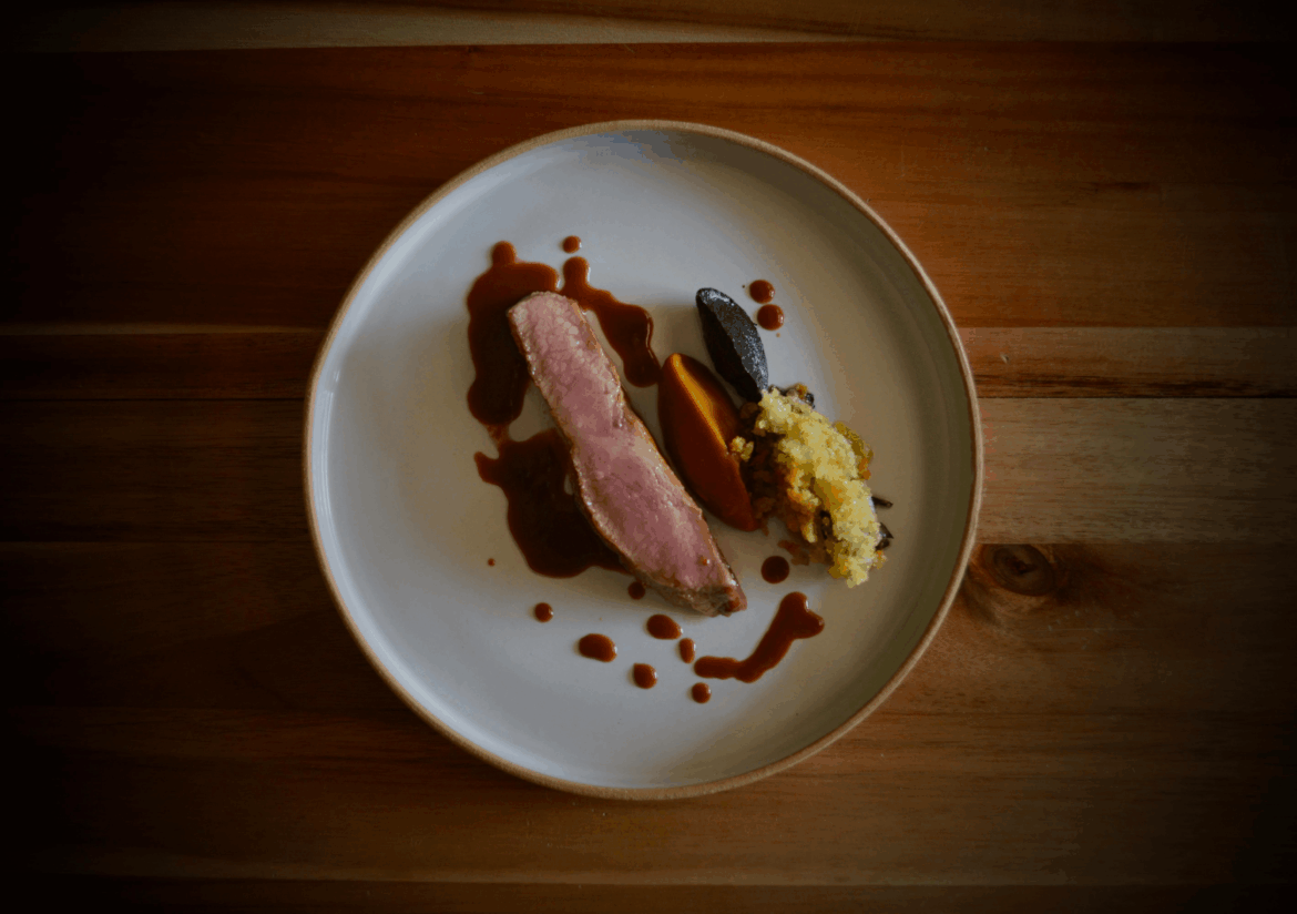 Iberico Secreto, Sweet Potato, Black Mole, Coconut Creamed Greens, Rioja Jus