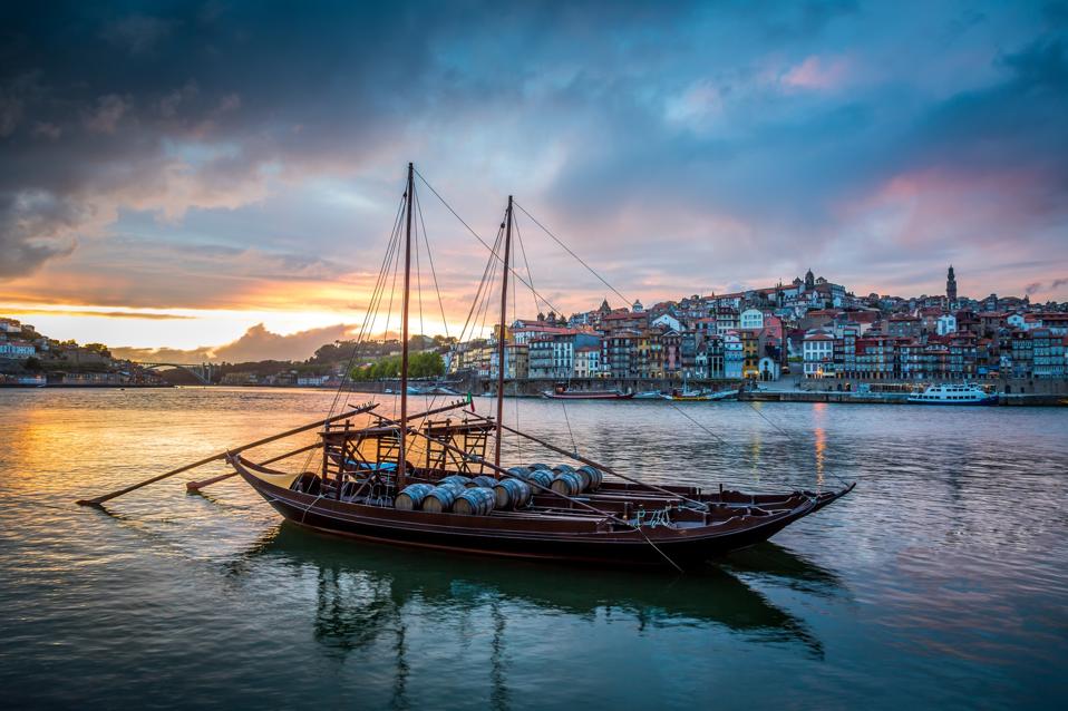 Porto at Sunset with Rabelo Boats on Douro River