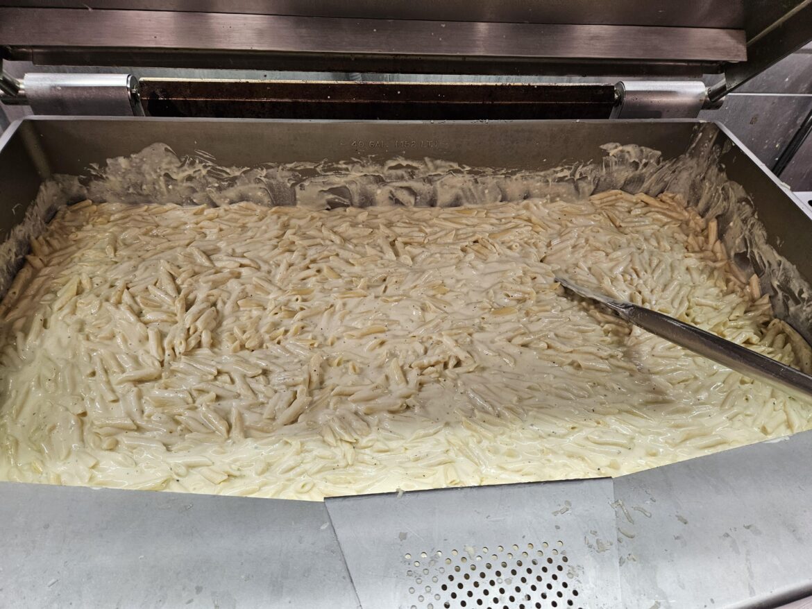 25ish gallons of mac n cheese. Ft., you guessed it, the 40 gal tilt skillet.