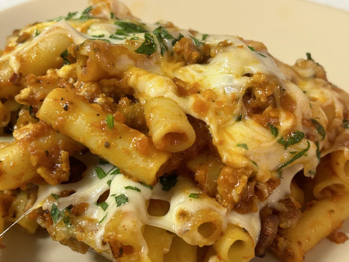 Baked ziti with an Italian sausage meat sauce.