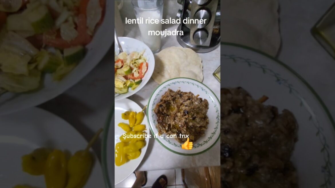 lentil rice salad dinner moujadra pickled pepper ayran drink pita bread