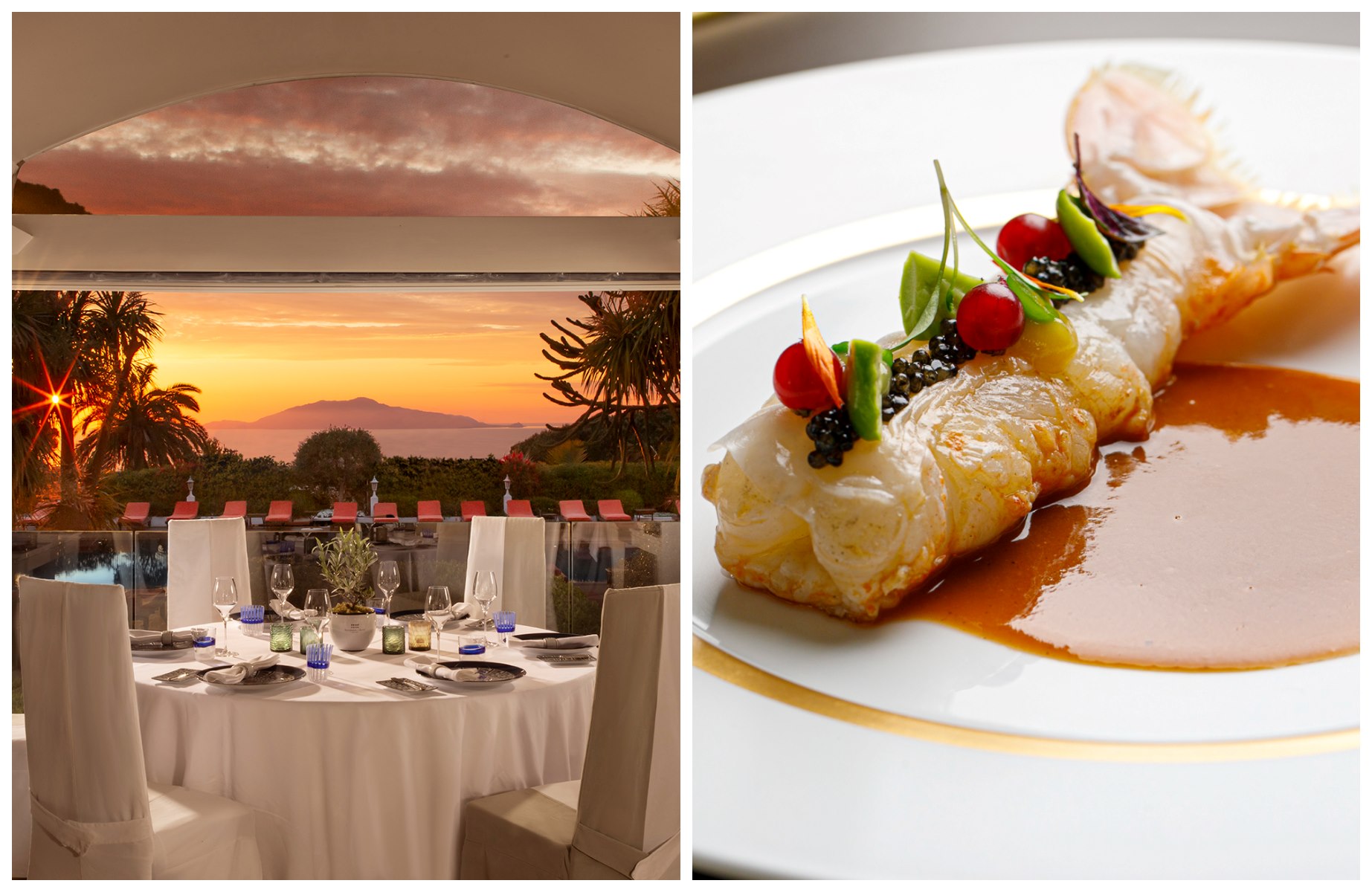 L’Olivo, Capri Palace Jumeirah’s Two MICHELIN Star gem, pairs Mediterranean elegance with Anacapri’s stunning sea views © (L) Guido Fuà /L'Olivo / (R) Alberto Blasetti/L'Olivo