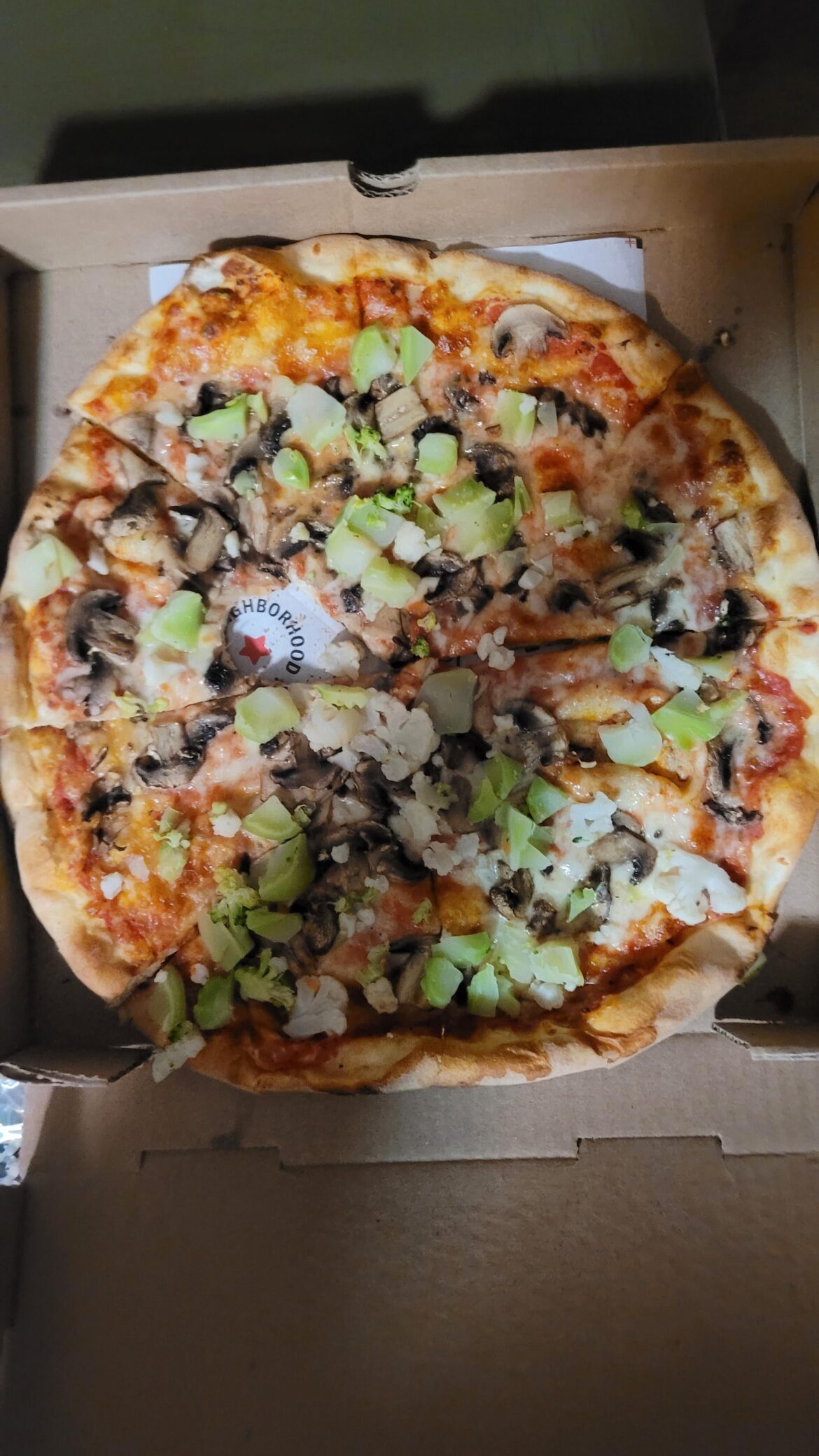 Girlfriend asked for broccoli + shrooms. The dumped frozen mixed vegetables on there with cauliflower and carrots.