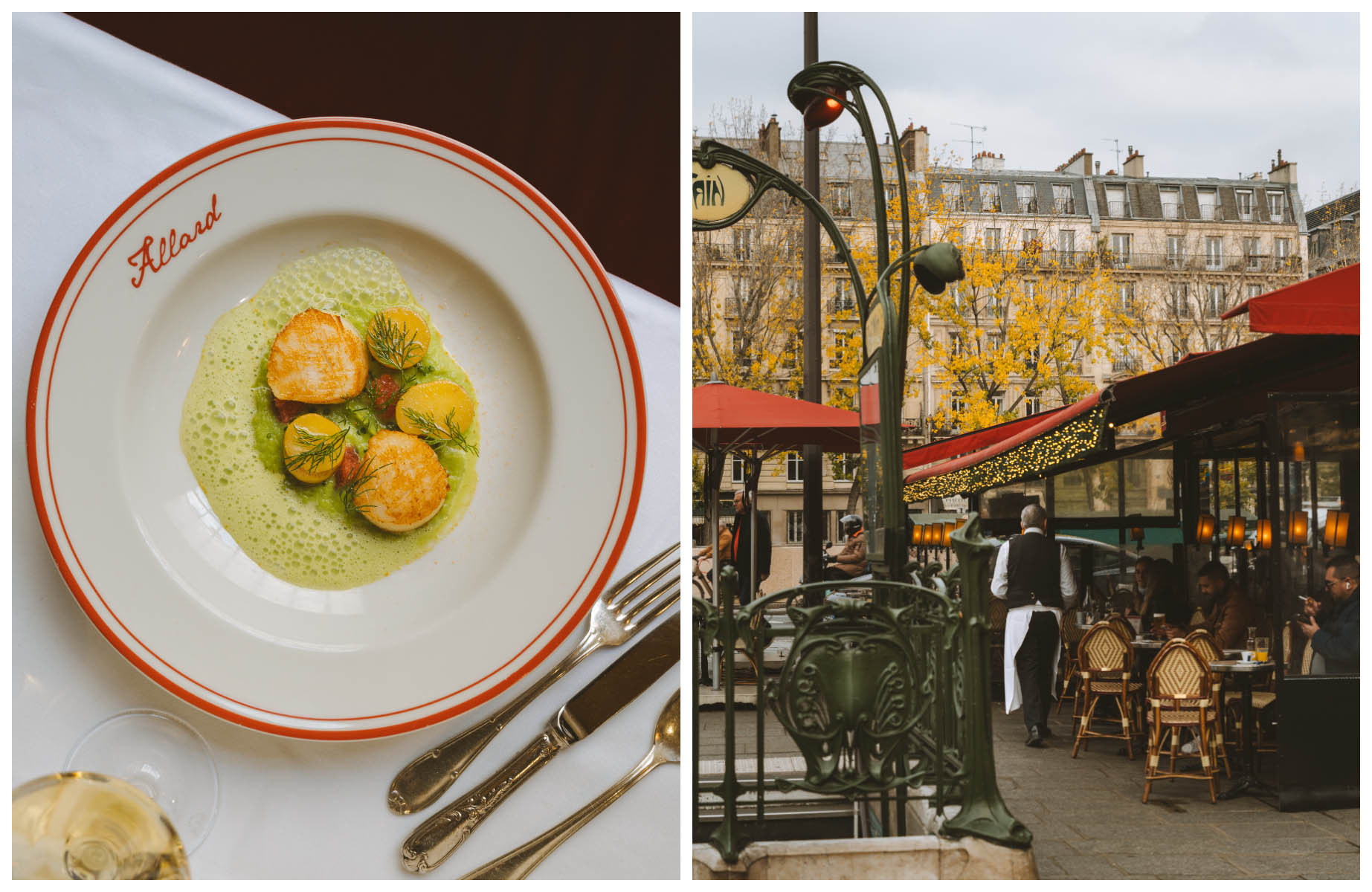 Golden noix de Saint Jacques with leeks at Allard and the Art Nouveau exit of the Cité metro close to Notre-Dame. (©Joann Pai)