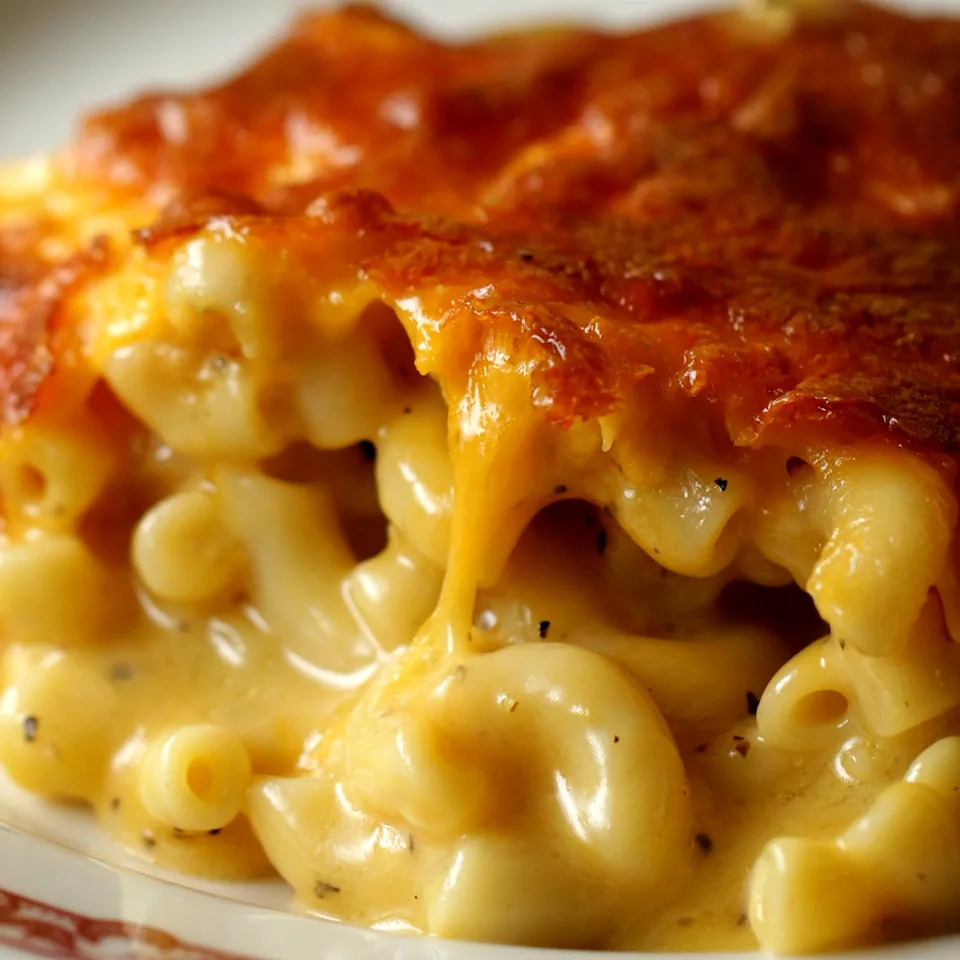 Close-up of creamy macaroni and cheese with a crispy, melted cheese topping. Pasta is coated in a rich, savory cheese sauce