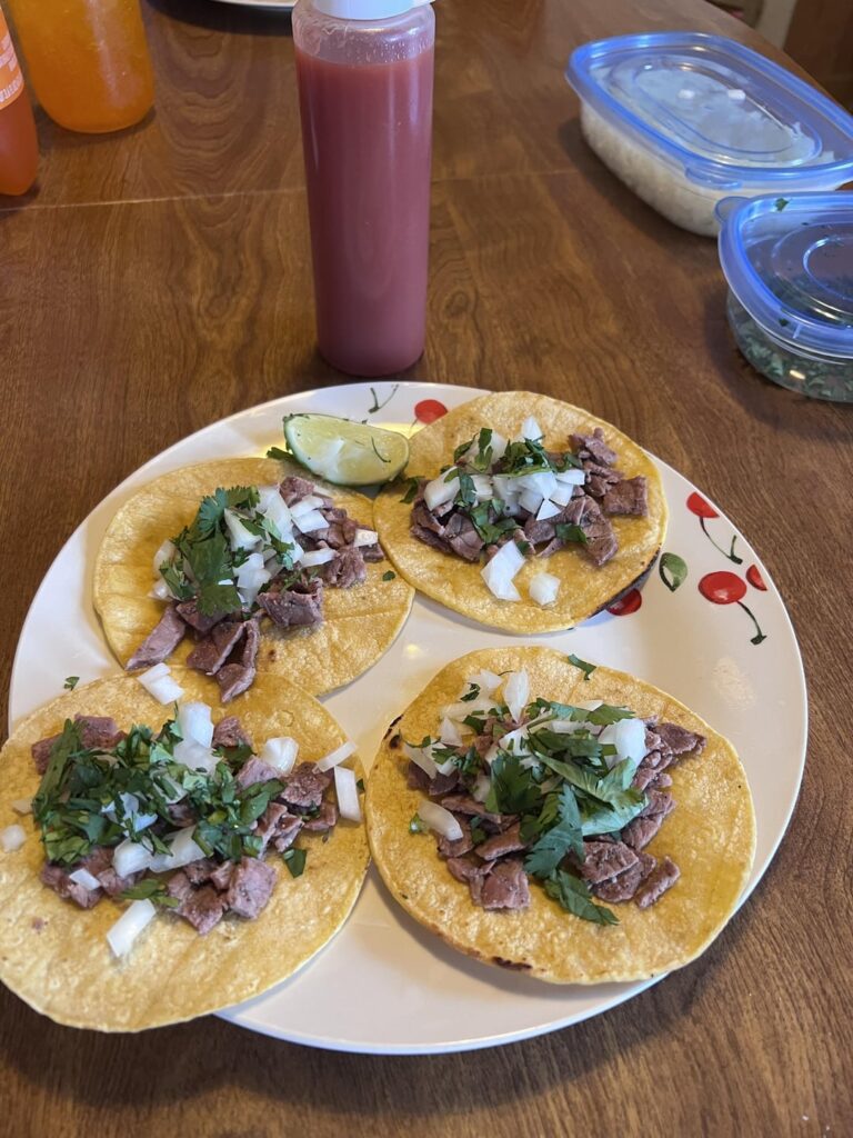 Made the meat and tortillas on the grill. The sauce was just 28oz can whole tomato, 10 arbol chilies, 6 garlic blended and strained.