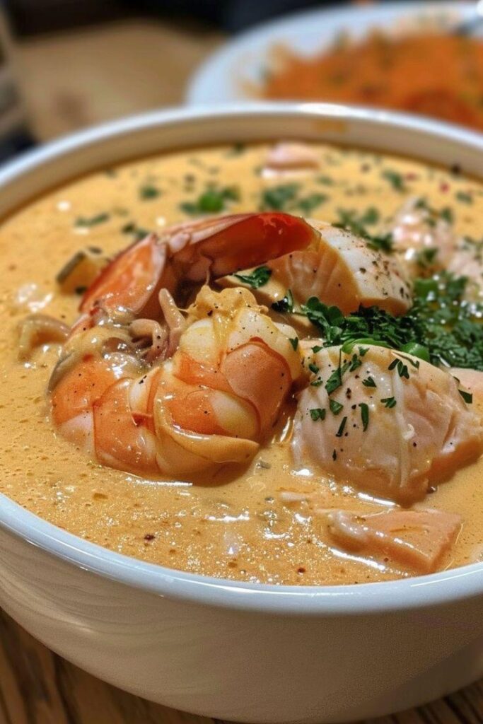 my first ever seafood bisque with crab, shrimp. and salmon
