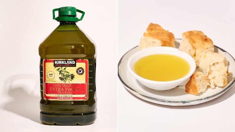 Jug and bowl of Kirkland Signature 100% Spanish Extra Virgin Olive Oil on a white table