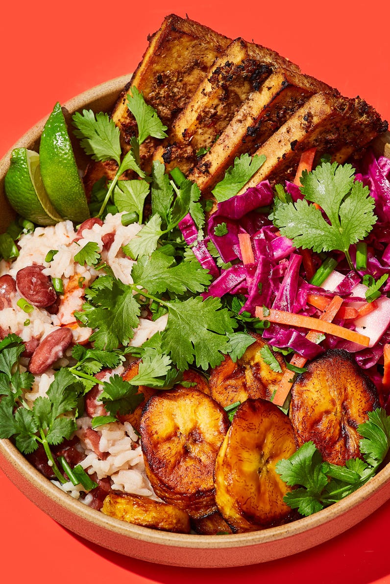vegan jerk tofu grain bowl