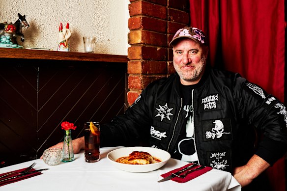 Joey Kellock sits down to a lasagne at his restaurant in Thornbury.