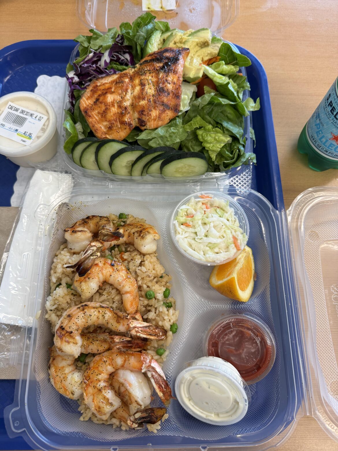 Salmon salad, shrimp, and seasoned rice from Fish King Salmon salad, shrimp, and seasoned rice from Fish King
