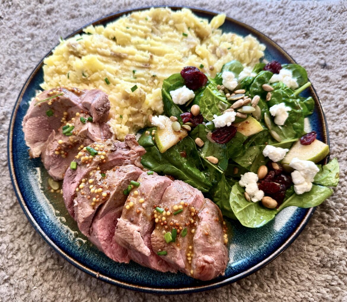 Fig-Mustard Glazed Duck with Goat Cheese-Duck Fat Smashed Potatoes