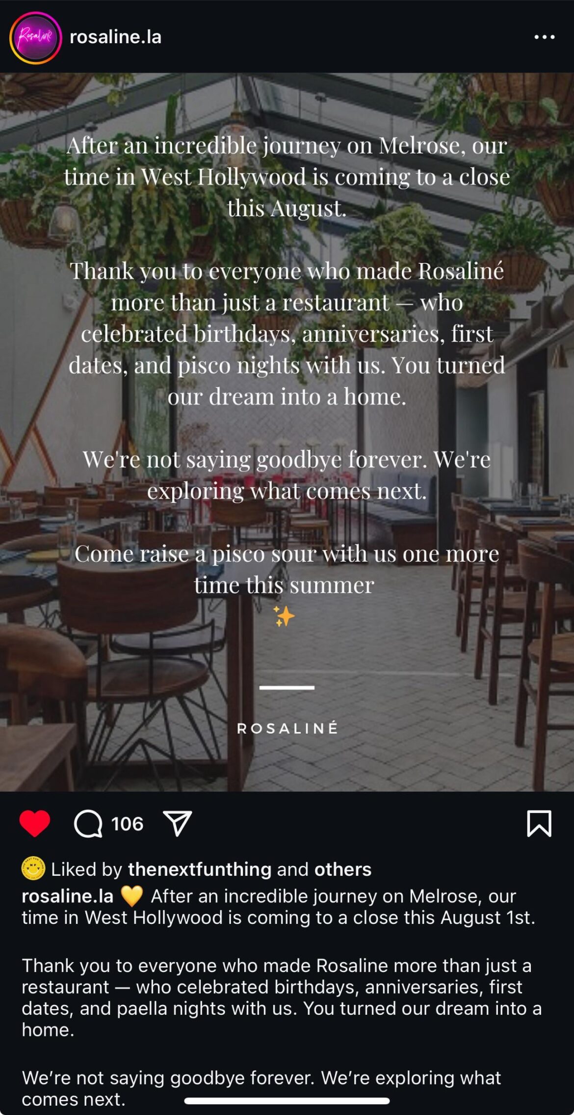 Rosaline in WeHo is closing on August 1st