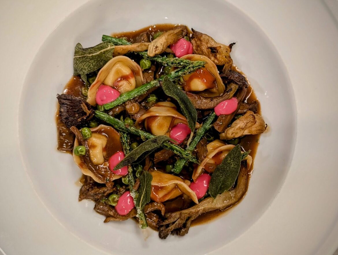 Cappelletti Pasta Stuffed with Goat Cheese Whipped Potato|Braised Short Rib|Sweet Peas|Asparagus Tips|Wild Mushrooms|Sage Demi Glace|Beetroot Crema|Fried Sage