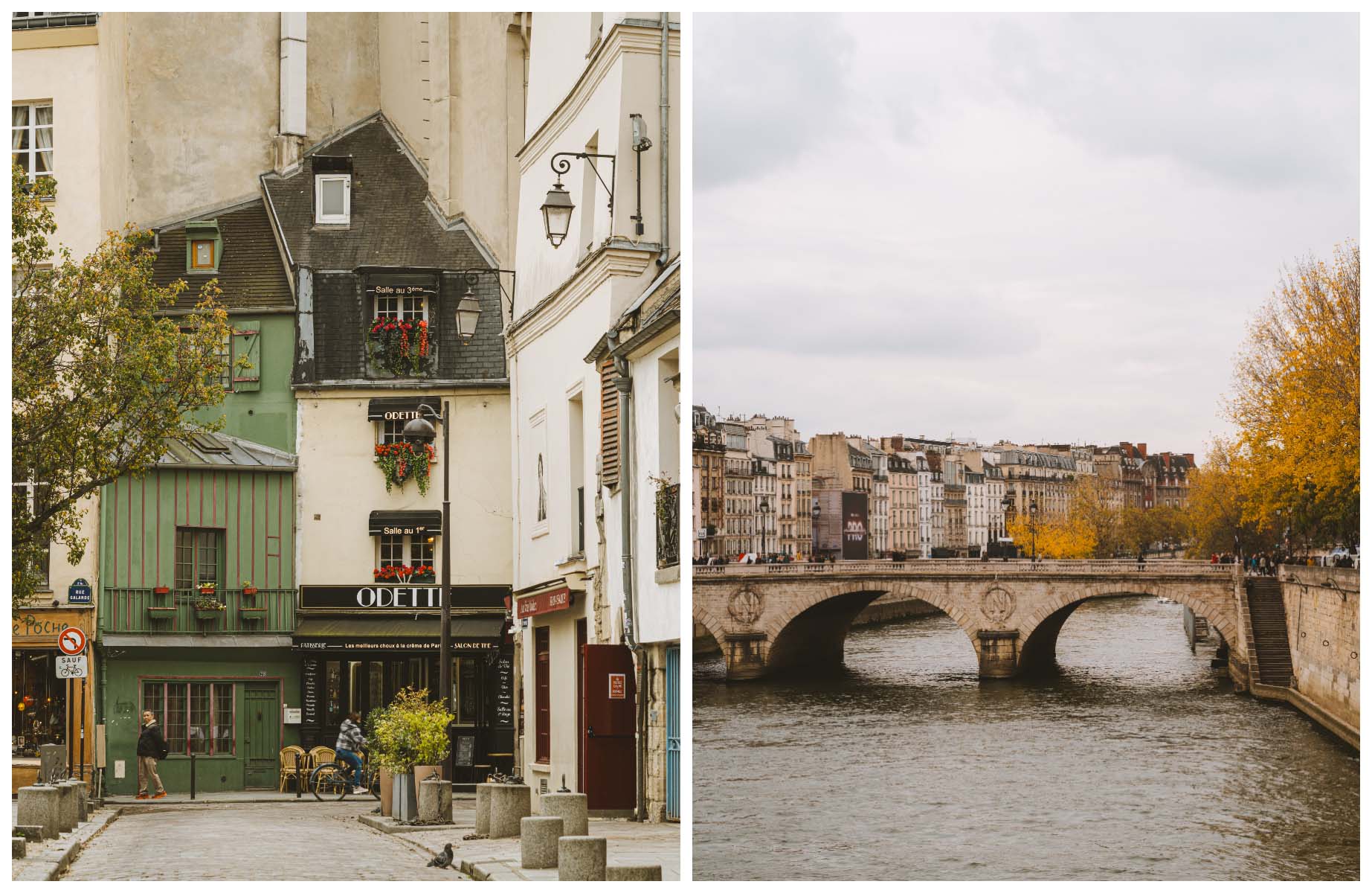 Odette choux pastry café, inside a 1600s house on Rue Galande, one of the oldest streets in Paris, and the Napoleon Bridge across the Seine. (©Joann Pai)