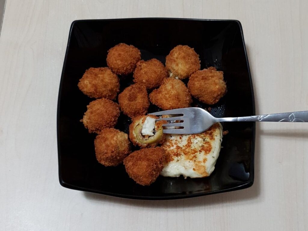 Halloumi stuffed breaded olives