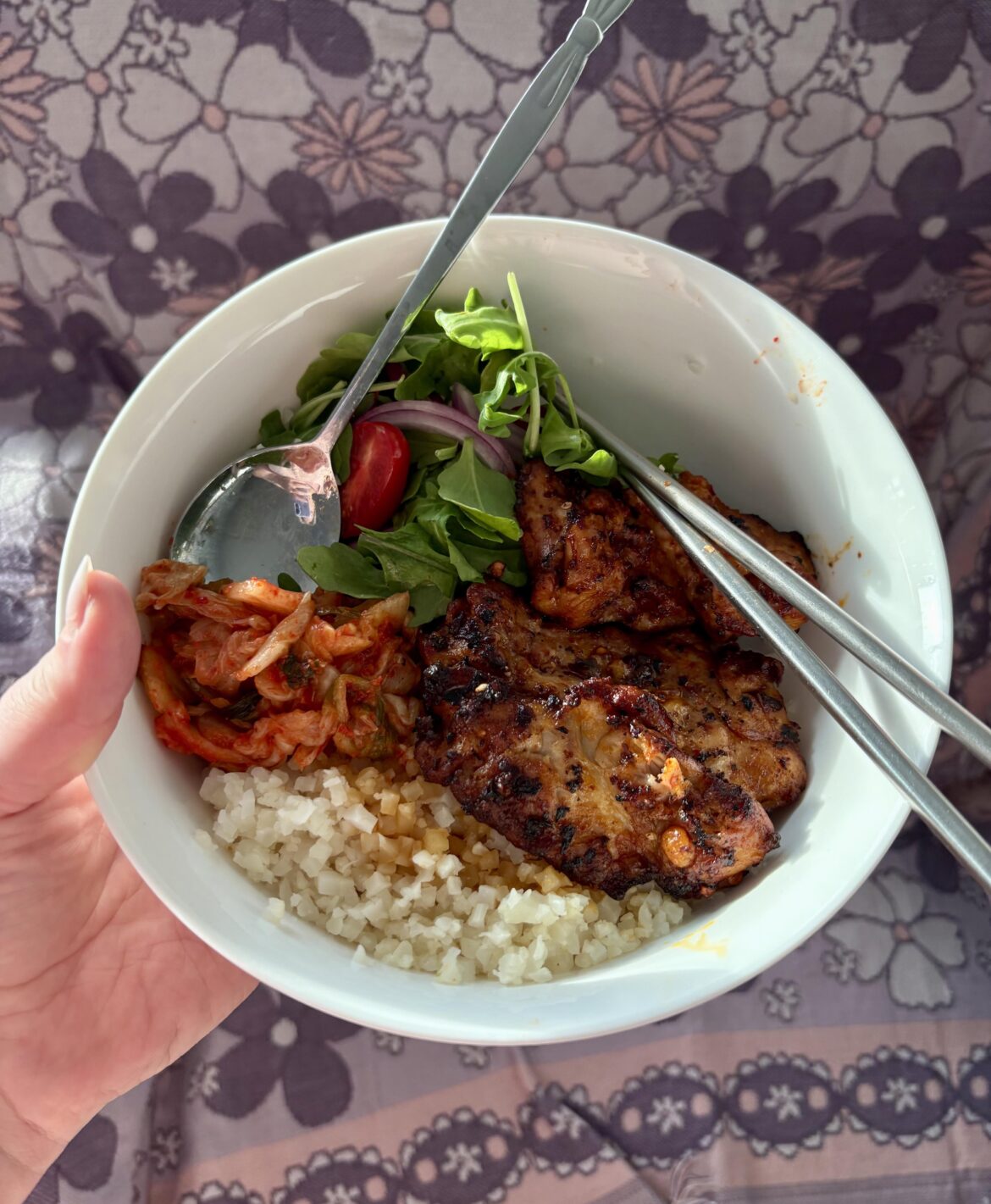 Korean style keto chicken and cauli rice w/ homemade kimchi