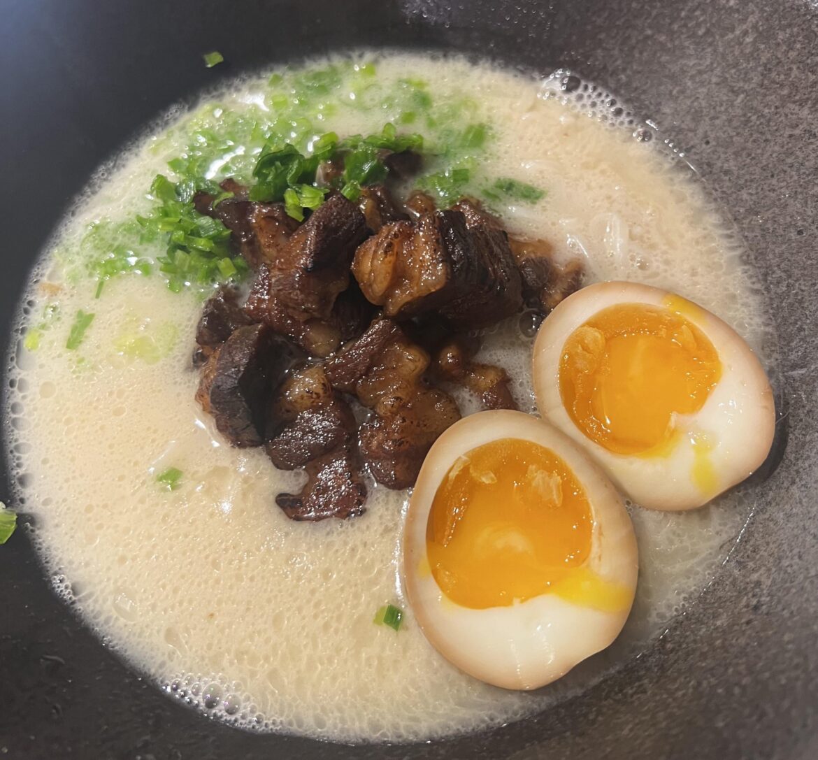 My first ever bowl of successful tonkotsu ramen that tasted better than the restaurant! I made it GF too. 10/10!