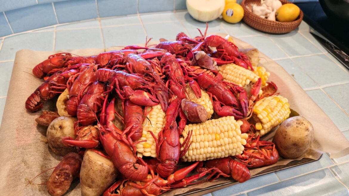 Low country boil. Local fishmonger sells these bad Larrys for about 10 bucks/lb. This is 3 lbs.