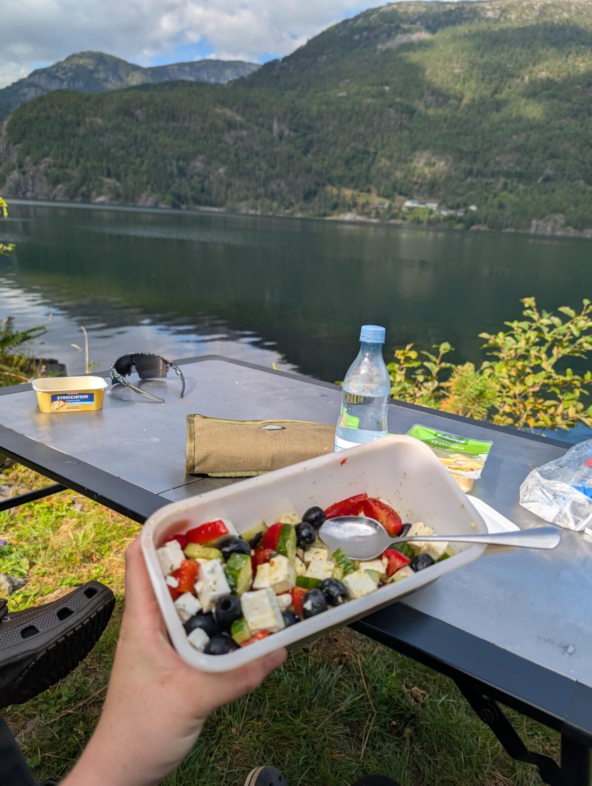 Greek salad at a Norwegian lake