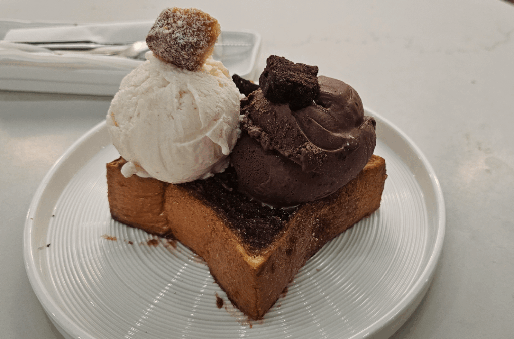 Honey cinnamon toast with chocolate and coconut gelato