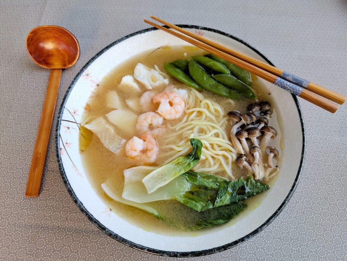 Homemade Miso Ramen with cod, shrimps and some vegetable *take two