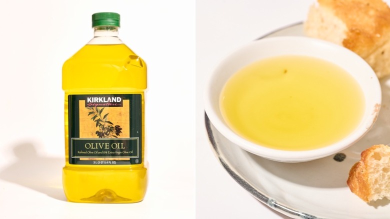 Bottle and bowl of Kirkland Signature Olive Oil on a white table