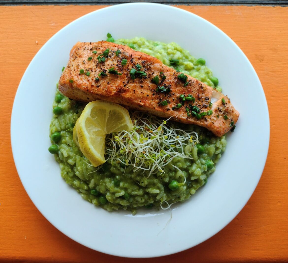 Pan Seared Salmon & Mint Pea Risotto