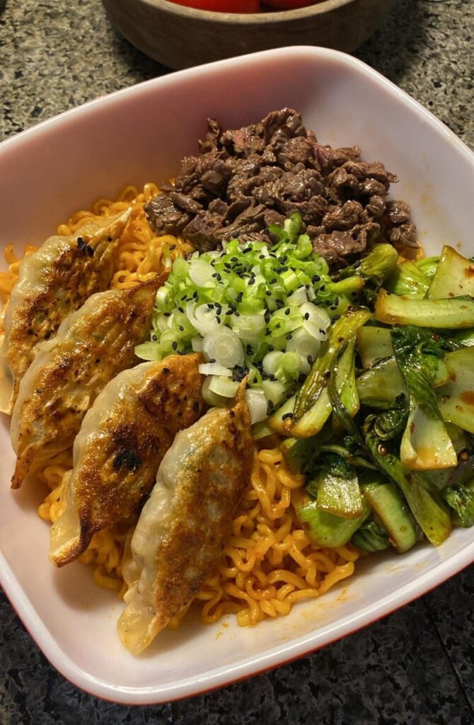 [homemade] spicy ramen with ponzu skirt steak, chili lime bok choi, and some pan-fried dumplings