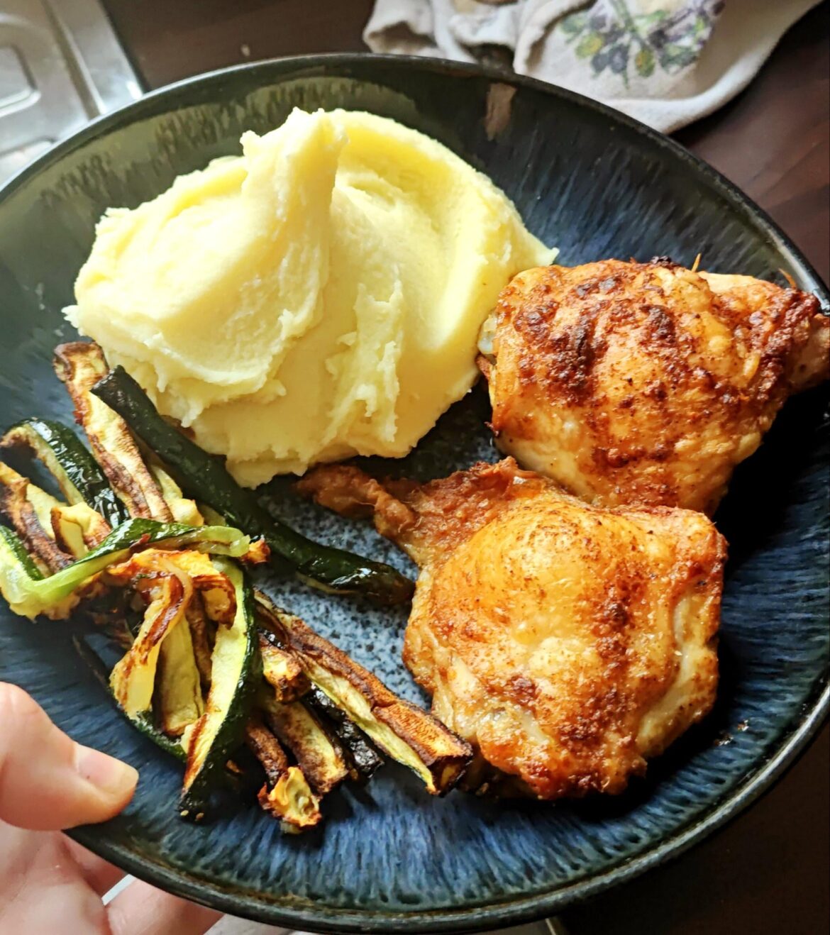 Spiced chicken thighs, roasted courgette and pomme puree (aka mash but made using the sieve method)