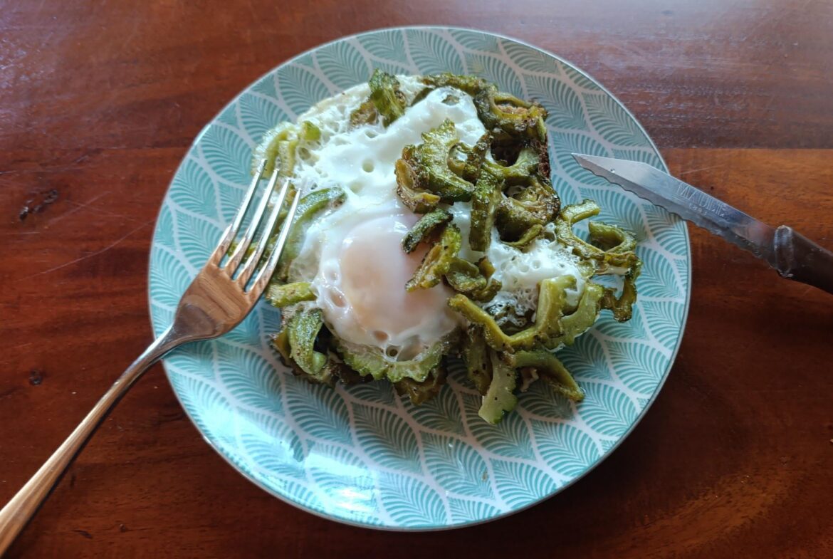 Fried bitter melon and egg on toasted bread😋