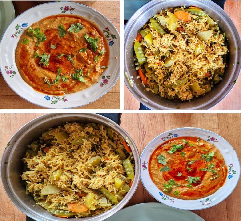 Vegetable rice with brinjal raita.