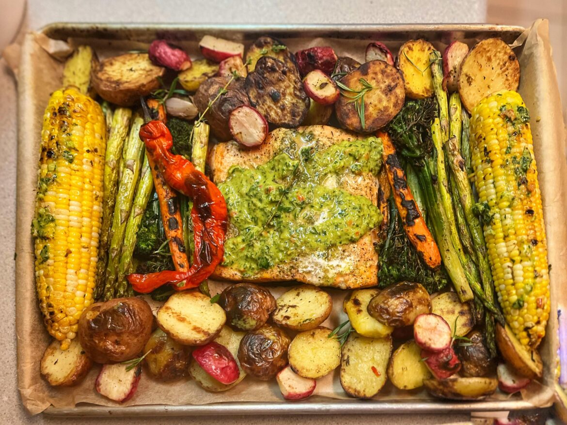 Grilled salmon and vegetables with a lemon balm chimichurri [OC]