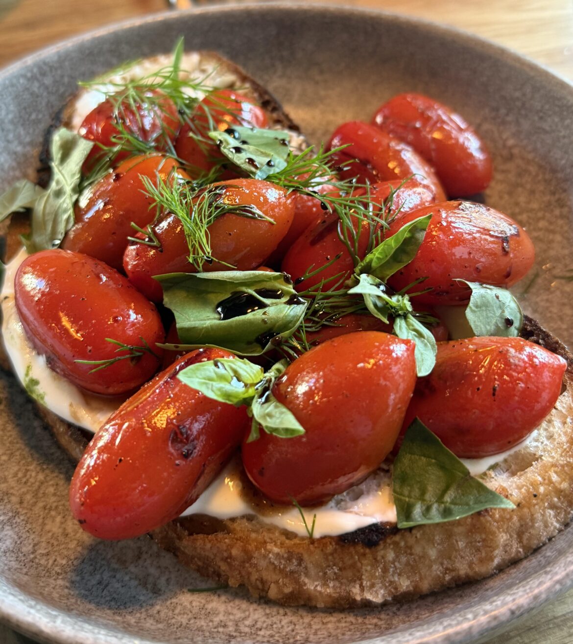 Sourdough, Feta Creme, grilled tomatoes, basil, dill, balsamic