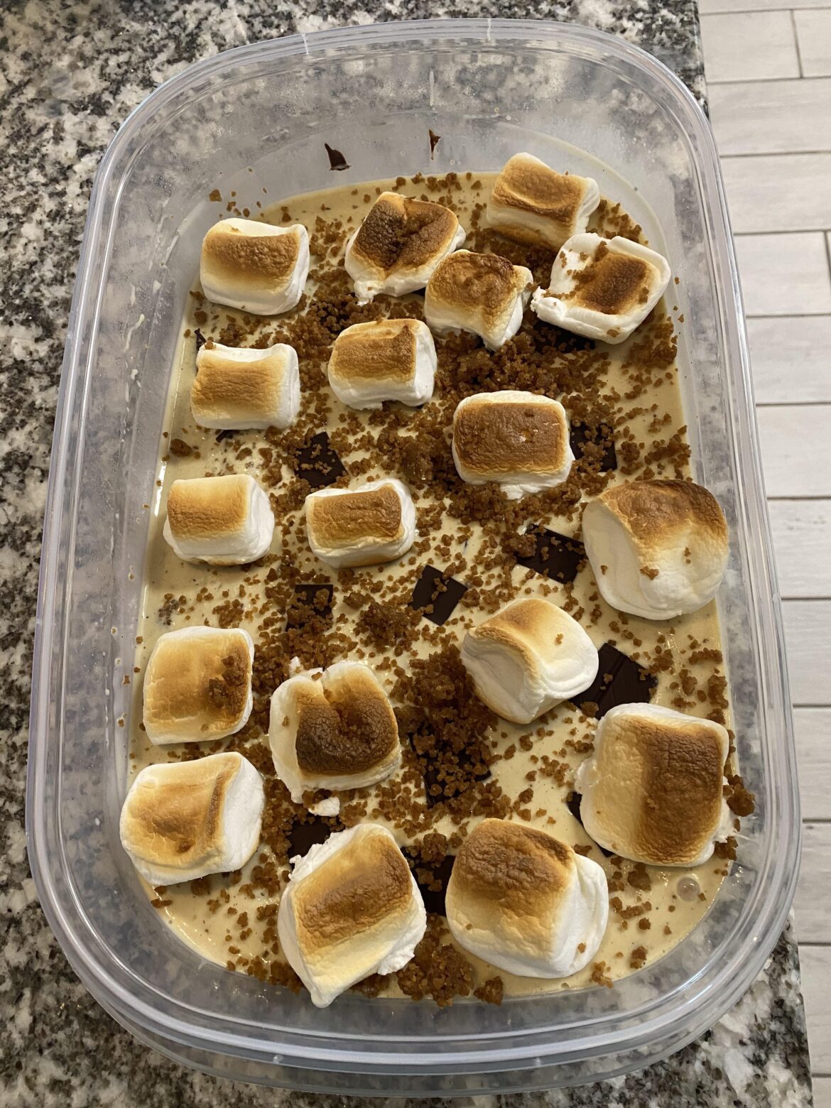 S’mores ice cream (toasted marshmallow base w/ dark chocolate + candied graham cracker mix ins)