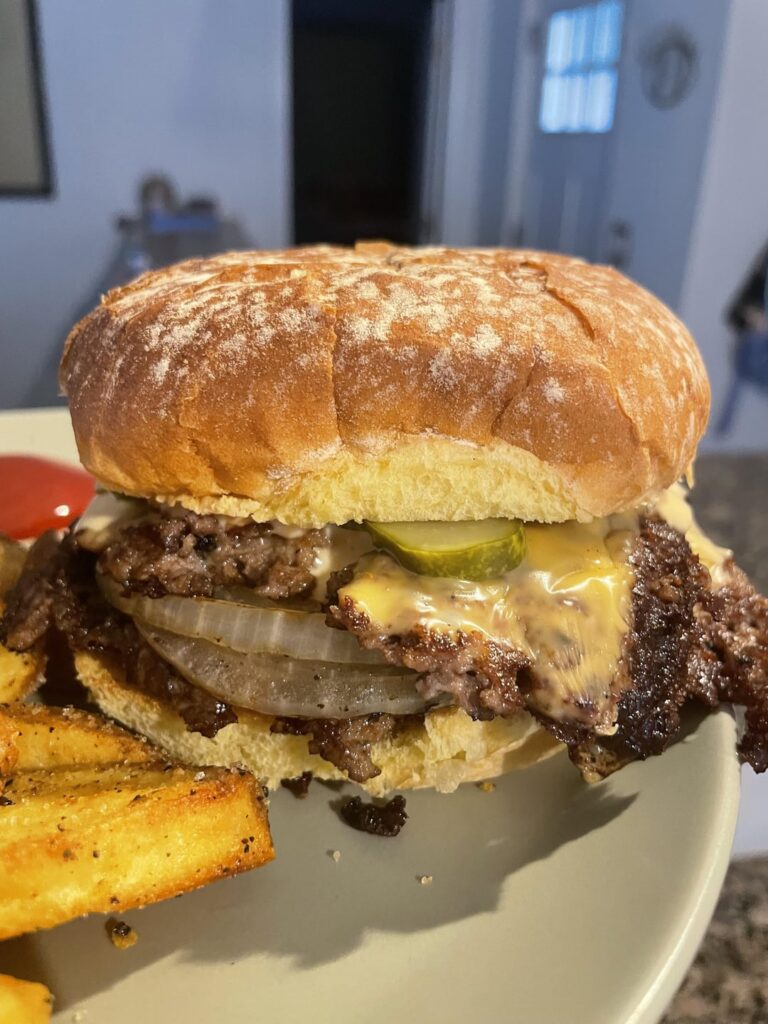 2 1/4 lb patties, American, homegrown pickles, homemade burger sauce, whole grilled onion.