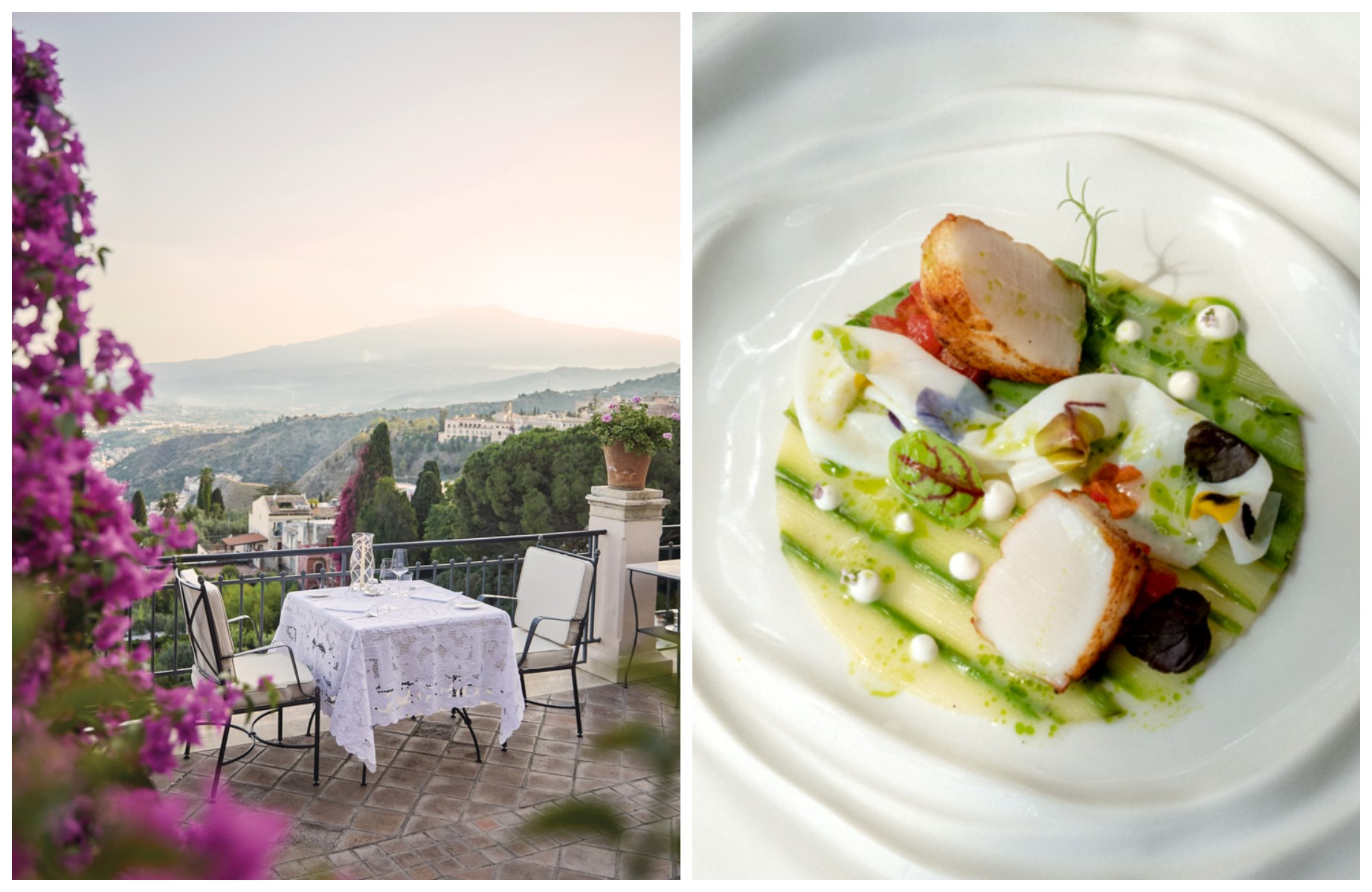 At Otto Geleng, Taormina’s intimate MICHELIN-starred setting, Chef Roberto Toro reimagines Sicilian classics with views of Mount Etna and the Greek Theater © Belmond Courtesy / Otto Geleng