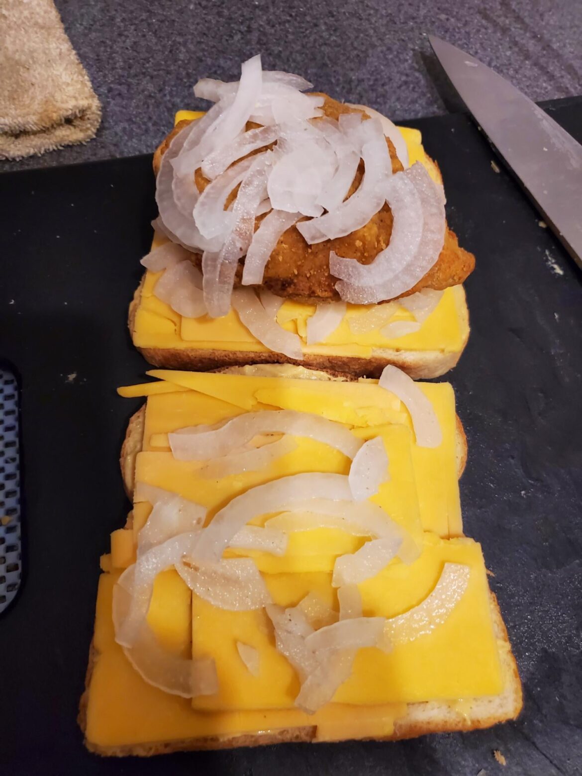 My friend told me I'm no longer allowed to make them late night sandwiches while high. I say balderdash and they need to lighten up and learn to embrace the alliums while high. I turned it into a melt after the picture, the onions weren't overpowering and it has dijon mustard on it.