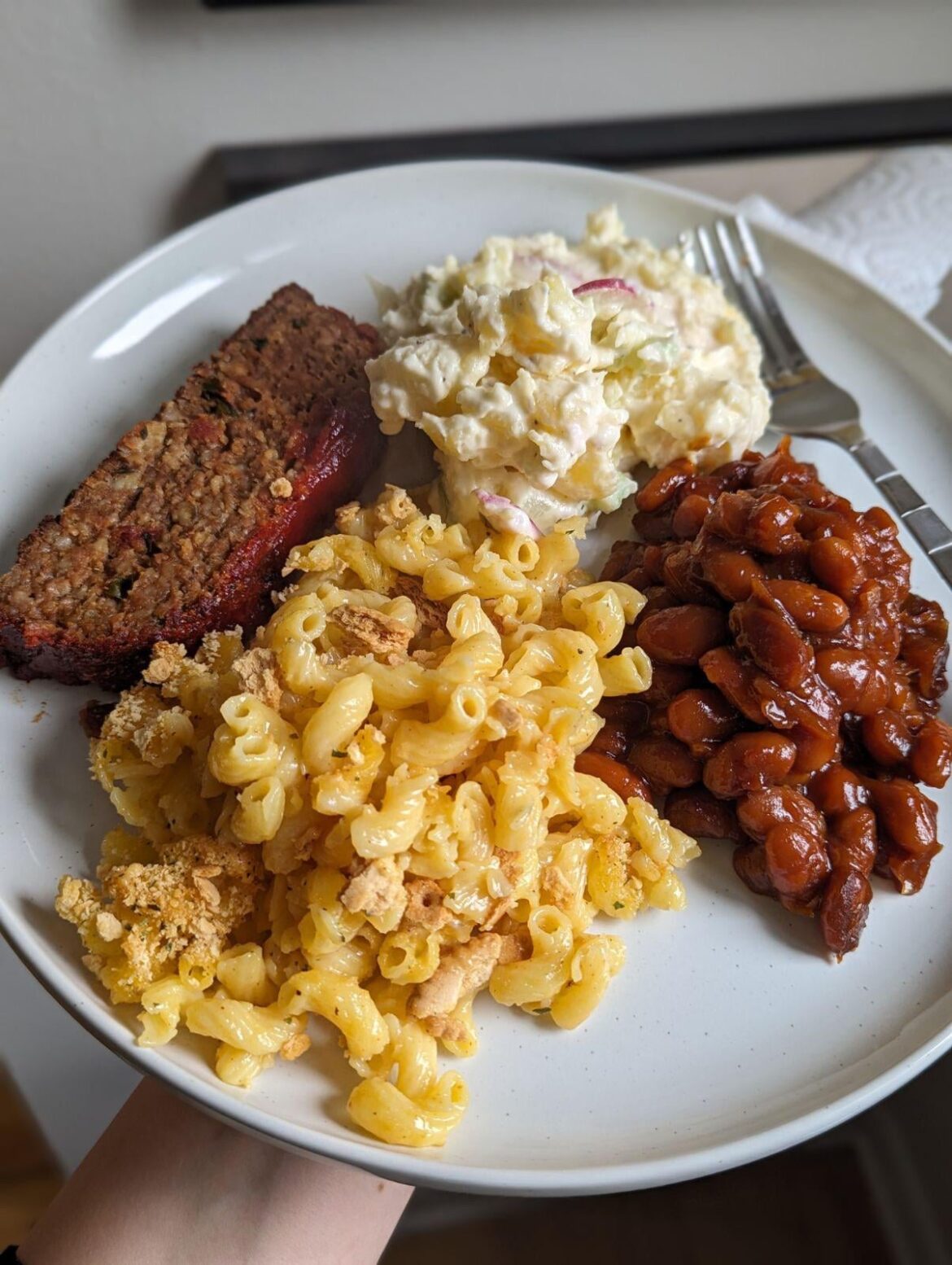 [homemade] meatloaf, potato salad, baked beans, and mac and cheese plate. 225/365